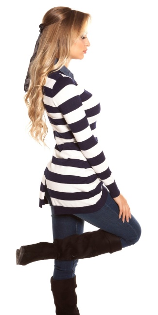 Trendy fine knit long jumper + jeans collar Navy